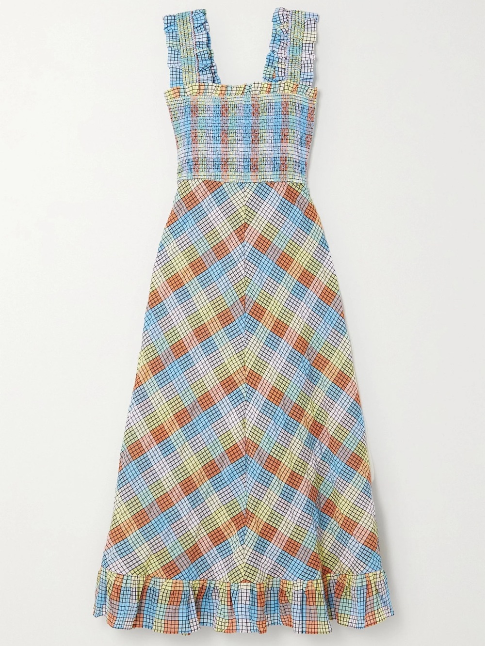 GANNI Smocked Multicolor Check Midi Dress